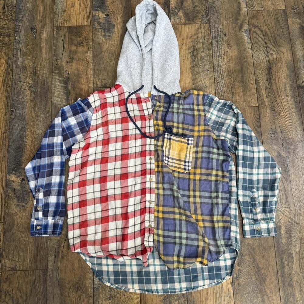 American Eagle Men’s Medium Patchwork Plaid Hooded Flannel Shirt